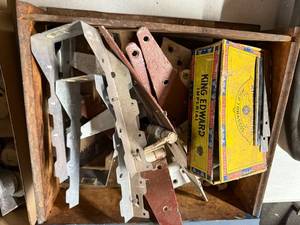 lot 1281 image: WOOD DRAWER OF HANGERS AND BARN HINGES...............R2