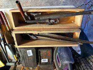 lot 1302 image: 2 WOOD BOXES, HAND SAWS, PIPEMONKEY WRENCHES, CHIPPERS , HAMMERS......R2