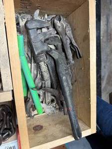 lot 1329 image: WOOD BOX OF MISC TOOLS, RIGID MONKEY WRENCHS.......R3