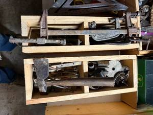 lot 1334 image: 2 WOOD BOXES, ROOFING HAMMER, HOLE SAW, C-CLAMPS..........................R3
