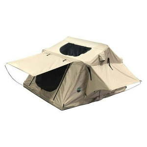 lot 7703 image: Overland Vehicle Systems 18119933 56.5 x 94.5 x 50.25 in. TMBK Khaki Roof Top Tent  Tan (damage on the base from shipping, see pics) - Retail $1,140