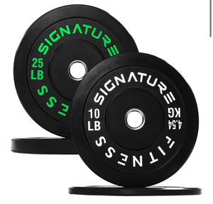 lot 7709 image: Olympic Bumper Plates Set, 2 Weight Plates for Strength Training & Weightlifting (10lb & 25lb plate) - Retail $51