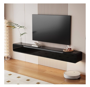 lot 7715 image: High Gloss Floating TV Stand with 3 Doors,70 Wall Mounted TV Cabinet,Under TV Console,Floating Media Shelft for Bedroom Living Room(Black) - Retail $0