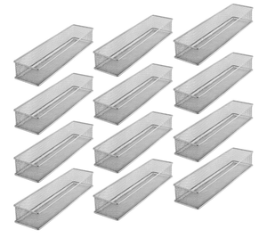 lot 7718 image: Case of 72 - YBM HOME Silver Mesh Drawer Cabinet and or Shelf Organizer Bins, School Supply Holder Office Desktop Organizer Basket (3x12x2 Inch) - Retail $0