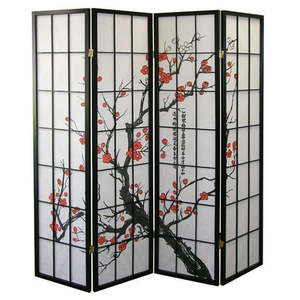 lot 7727 image: Roundhill Furniture Japanese 4-Panel Screen Room Divider in Plum Blossom - Retail $135