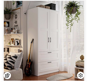 lot 7733 image: Wood White Wardrobe Closet with 2 Doors and 2 Drawers��Bedroom Freestanding Armoire Storage Cabinet with Shelves��Wooden Wardrobe Combination for Hanging Clothes (White 2 Drawers) - Retail $0