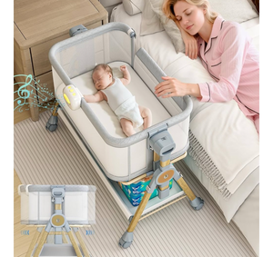 lot 7761 image: 3 in 1 Baby Bassinet Bedside Sleeper, Rocking Bassinet for Baby with Wheels, Music Night Light, Storage Basket, Mattress, Adjustable Height, Portable Rocking Bedside Sleeper for Newborn Infant - Retail $0
