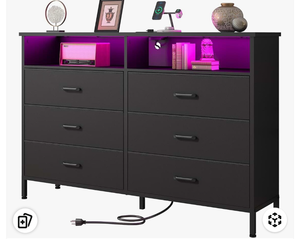 lot 7762 image: Dresser for bedroom, Fabric Black Bedroom Dresser with LED Lights and Charging Station, 6 Long Drawers Dressers, Tall Wide Chest of Drawers Storage Organizer TV Stand for up to 60 TV for Living Room - Retail $0
