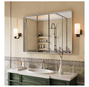 lot 7764 image: Silver Bathroom Mirror for Wall, 48x32 Inch Silver Framed Bathroom Vanity Mirror for Farmhouse Living Room Bedroom, Anti-Rust, Tempered Glass, Rounded Corner, HorizontalVertical - Retail $0