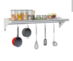 lot 7766 image: Treshin Stainless Steel Shelf with 5 Hooks 12 x 48 Inches, Commercial Wall Mount Floating Shelving Storage Pot Rack for Restaurant, Kitchen, Home, Bar and Hotel - Retail $0