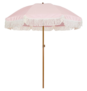 lot 7779 image: AMMSUN 7ft Patio Umbrella with Fringe Outdoor Tassel Umbrella UPF50 Premium Steel Pole and Ribs Push Button Tilt, Elegant Pink - Retail $0
