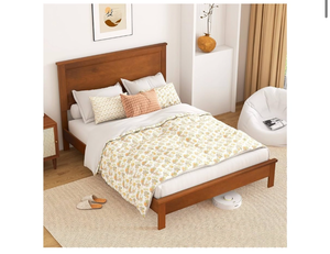 lot 7797 image: KOMFOTT Full Size Wood Platform Bed Frame with Headboard, Wooden Mid Century Platform Bed with Slat Support & Under Bed Storage, Mattress Foundation Bed Base, No Box Spring Needed, Walnut - Retail $0
