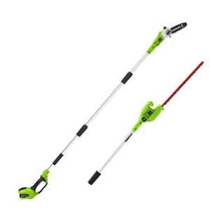 lot 7788 image: Tools only - Greenworks Hedge Trimmer Kit with pole saw and pole hedge - Retail $0