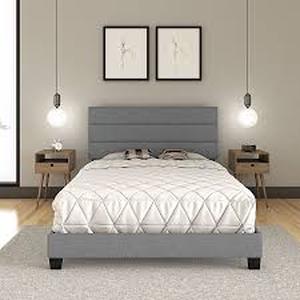 lot 7793 image: Modern Gray Upholstered Platform Bed Frame with Headboard Queen Size - Retail $399