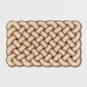 lot 4917 image: Threshold 1.6Ft x 2.6Ft Lovers Knot Coir Doormat CreamBrown - Outdoor High Pile Basket Weave Front Door Mat. - Retail $30