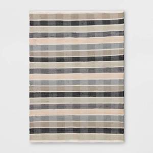 lot 4927 image: Room Essentials  4Ft x 5.6Ft Check Striped Chindi Handwoven Area Rug, Brown. - Retail $35