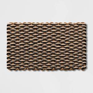 lot 4935 image: Threshold 1.6Ft x 2.6Ft Rope Braided Basket Weave Doormat BlackBrownCream - Outdoor Front Door Mat, High Pile. - Retail $30