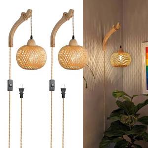 lot 19193 image: Frideko Bamboo Wall Sconces Set of Two Plug in, Boho Wall Lamp with Plug in Cord, Farmhouse Light Fixtures with 9.84FT OnOff Switch Cord, Rattan Sconces Lighting for Bedroom Living Room - Retail $74