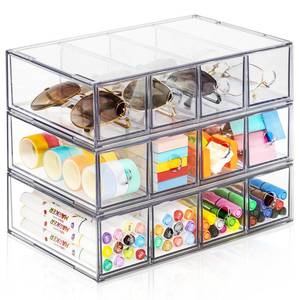 lot 20013 image: Desk Organizer with 12 Drawers, FODIENS 3 Packs Stackable Desktop Storage Box with Removable Drawer, Clear Sunglasses Organizer Display Case for Stationery Marker Pens Eyeglasses Office Supply - Retail $35