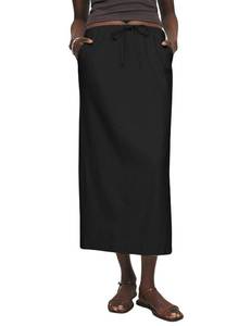 lot 20016 image: IDEALSANXUN Black Skirt with Slit 2025 Spring Summer Cotton Linen Elastic Waist Pull On A Line Long Skirt with Drawstring, Black, L - Retail $30