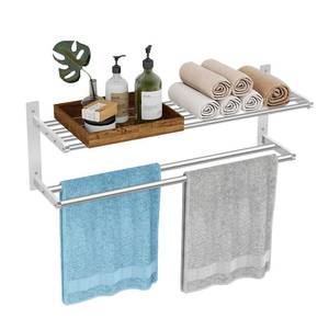 lot 20023 image: Towel Racks for Bathroom 24 Inch, 2 Tier Towel Shelf with Double Towel Bar, Stainless Steel Bath Towel Rack Wall Mounted, Towel Holder Towel Storage Rack for Bathroom, Brushed Nickel - Retail $36