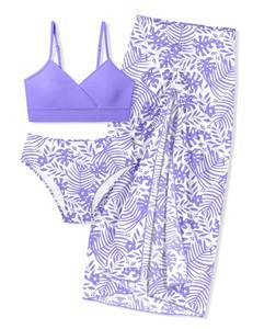 lot 20026 image: Purple Tropical Print 3-Piece Girls Bikinis Size 10-12, Quick Dry Cover Up Skirt for 11 Year Olds&nbsp