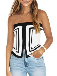 lot 20028 image: Saodimallsu Womens Strapless Crop Tube Tops Sexy Sleeveless Knit Summer Trendy Color Block Asymmetrical Y2k Bandeau Top Black Large - Retail $33