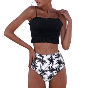 lot 20034 image: RXRXCOCO Womens Shirred Bandeau Bikini Cute Two Piece Swimsuit Off Shoulder High Waist Bathing Suit Black-2 Medium - Retail $35