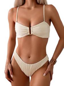 lot 20036 image: Fanuerg Womens Ribbed Bikini Sets U Wire Adjustable Spaghetti Straps Swimsuit Textured Ruched Two Piece Bathing Suit Beige XS - Retail $28