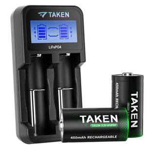 lot 20039 image: Taken 123a Lithium Batteries��2-Pack 3.2V Batteries with Charger Compatible with Arlo Wireless Security Cameras VMC3030 VMK3200 VMS3330 3430 3530 and Flashlights - Retail $13