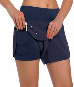 lot 20051 image: Ksmien Womens 2 in 1 Running Shorts - Lightweight Athletic Workout Gym Yoga Shorts Liner with Phone Pockets Navy Blue - Retail $27