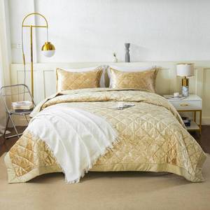 lot 20059 image: LUCKYBULL Camel Korean Velvet Quilt Set Queen XL Size (90x96 inch), 3 Pieces Luxury Textured Soft Bedspread with 2 Pillowcases, Reversible Coverlet Set for All Season - Retail $70