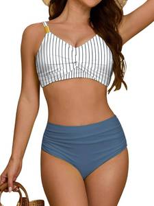 lot 20431 image: swimall Womens High Waisted Bikini Sets 2 Piece Swimsuit Twist Front Modest Tummy Control Bathing Suits - Stripe Blue - X-Large - Retail $30