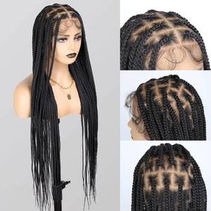 lot 20432 image: QUISDUIS 36 Inch Full Lace Braided Wigs for Black Women, 360° HD Single-layer Square Knotless Box Braid Wig with Baby Hair Handmade Synthetic Hair Blended Lace Front Wig Natural Black - Retail $80