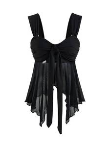 lot 20438 image: Milumia Womens Asymmetrical Flowy Tank Top Y2k Tie Front Sweetheart Neck Sheer Mesh Tops Rave Black Small - Retail $22