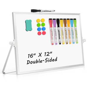 lot 20455 image: AMUSIGHT Dry Erase Magnetic White Board, 16 x 12 Double-Sided Desktop Whiteboard with Stand, Portable Small Whiteboard Set for Drawing, Office, Home, School - Retail $20