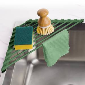 lot 20459 image: Tomorotec Compact Silicone-Coated Triangle Dish Drying Rack for Sink Corner - Foldable Stainless Steel Over-The-Sink Organizer and Storage Shelf (Army Green) - Retail $15