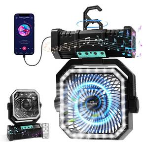 lot 20468 image: PIYOOPDR Camping Fan with Bluetooth Speaker Portable Fan,20000mAh Rechargeable Battery Powered Fans,Quiet 4-Speeds, 4-LED Light,360° Hanging Hook for Outdoor Picnic Tent Beach Travel Barbecue, Black - Retail $38