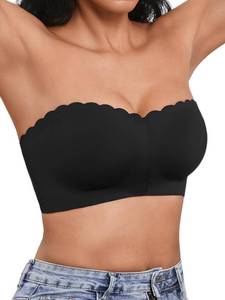 lot 20488 image: Cuteio Strapless Bras for Women, Front Closure Anti-Slip Comfortable Bandeau Top, Wavy Edge Padded Bra Black M - Retail $20