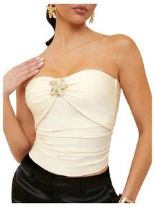 lot 20497 image: Floerns Womens Rhinestone 3D Floral Sleeveless Bandeau Ruched Strapless Tube Top White Small - Retail $20