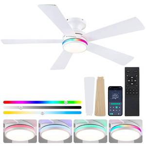 lot 17599 image: BYKISTOK 46 Flush Mount RGB Ceiling Fans with Lights - White Low Profile Ceiling Fan Light with RemoteAPP, RGB3CCT 6 Wind Speeds and Reversible, Modern Fan Light Fixture for Party, Kiads Room - Retail $50