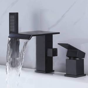 lot 17601 image: NIITAWH Waterfall Roman Tub Faucet with Hand Shower Matte Black Bathtub Faucet 3 Hole Widespread Tub Filler Deck Mount Solid Brass - Retail $170