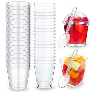 lot 17606 image: Eaasty 100 Sets 5 oz Dessert Cups with Lids and Spoons Plastic Yogurt Parfait Appetizer Shooter Cups Round and Square Mini Containers for Pudding, Fruit and Ice Cream - Retail $26