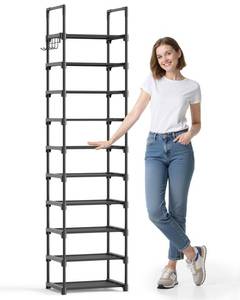 lot 17607 image: Kitsure Shoe Rack - 10-Tier Shoe Organizer with Detachable Fabric Shelves & Metal Frame, Tall Shoe Rack for Closet, Entrance, Living Room, 16.9 x 11.8 x 68.5, Black - Retail $20