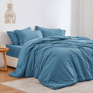 lot 17620 image: Loves cabin Seersucker Misty Blue 7 Pieces Comforter Set Full, All Season Bedding Set, Full Bed in a Bag with Comforter, Flat Sheet, Fitted Sheet, Pillowcase and Pillow Sham - Retail $43