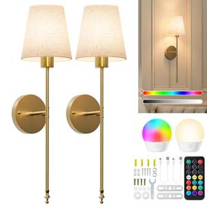 lot 17623 image: Battery Operated Wall Sconces Set of 2, Cordless Wall Lights with Rechargeable Bulbs and Remote, 12 Lighting Colors and Dimmable, Battery Powered Wall Lights for Bedroom Living Room, Gold  Flax - Retail $70