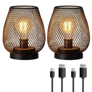 lot 17626 image: DECORKEY Set of 2 Rechargeable Lamp LED Table Lantern, Brown Metal Cage Cordless Lamps with LED Bulb��Vintage Decorative Outdoor Lantern for Weddings, Parties, Patio, Events for Indoors Shelf Decor - Retail $36