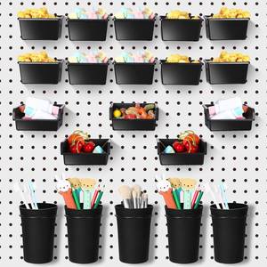 lot 17628 image: Yookeer 20 Pcs Pegboard Bins and Cups with Hooks and Loops Peg Assortment Organizer Accessories Various Tool Organizer Pegboard Baskets Set for Garage Workshop Workbench Office(Black) - Retail $26