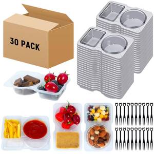 lot 17635 image: Prosperify 30 Sets Reusable Snack Container with Lids Double Compartment Condiment Container and 30 Forks Portable Snack Dipping Sauce Boxes for Travel Take Out Food Storage Box and Outdoor Camping - Retail $10