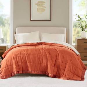 lot 17648 image: Madison Park Queen Blanket Quilted Microfiber, Satin Binding, 3M Scotchgard Moisture Wicking, Soft and Lightweight Summer Blanket for Couch, Windom, FullQueen, Orange - Retail $43